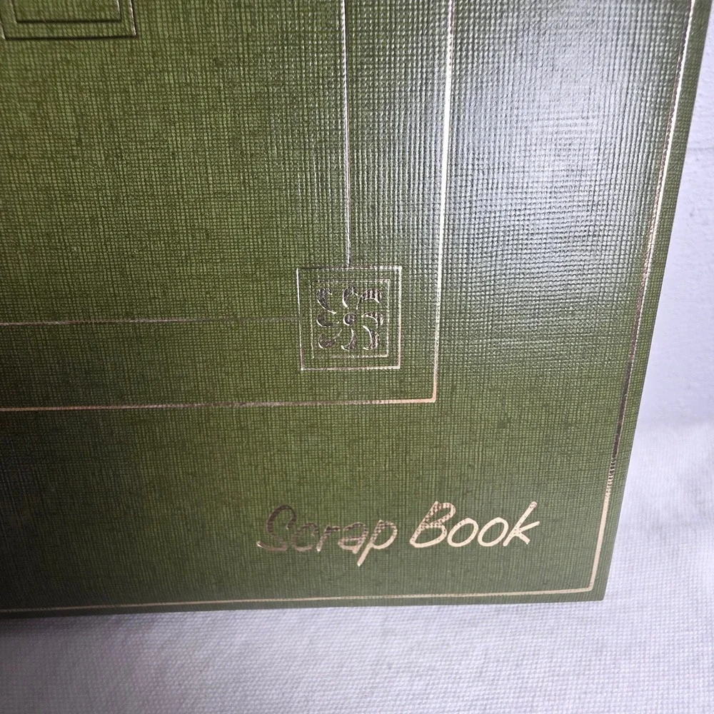Vintage 60s Olive Green Scrapbook Gold Foil Embossed Cord Tie Blank Manila Pages